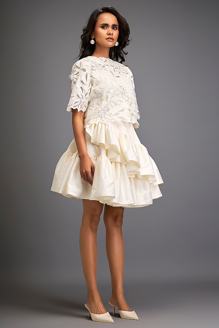 White Taffeta & Vegan Leather Ruffled Skirt Set by Deepika Arora at Pernia's Pop Up Shop