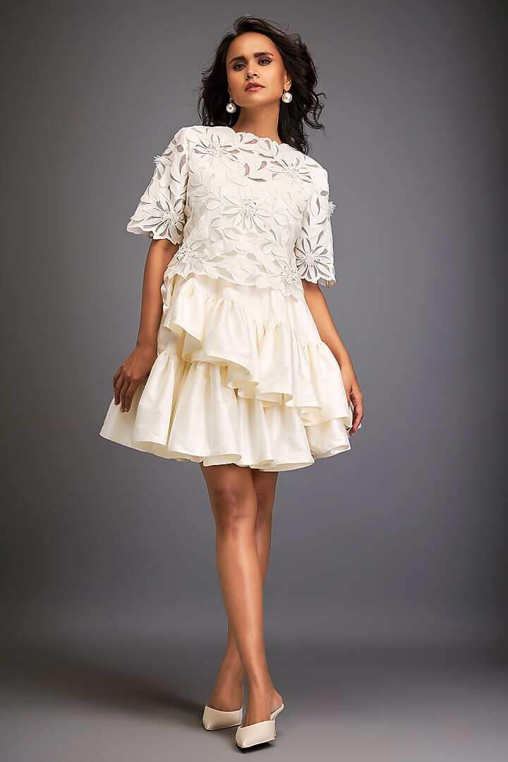 White Taffeta & Vegan Leather Ruffled Skirt Set by Deepika Arora at Pernia's Pop Up Shop