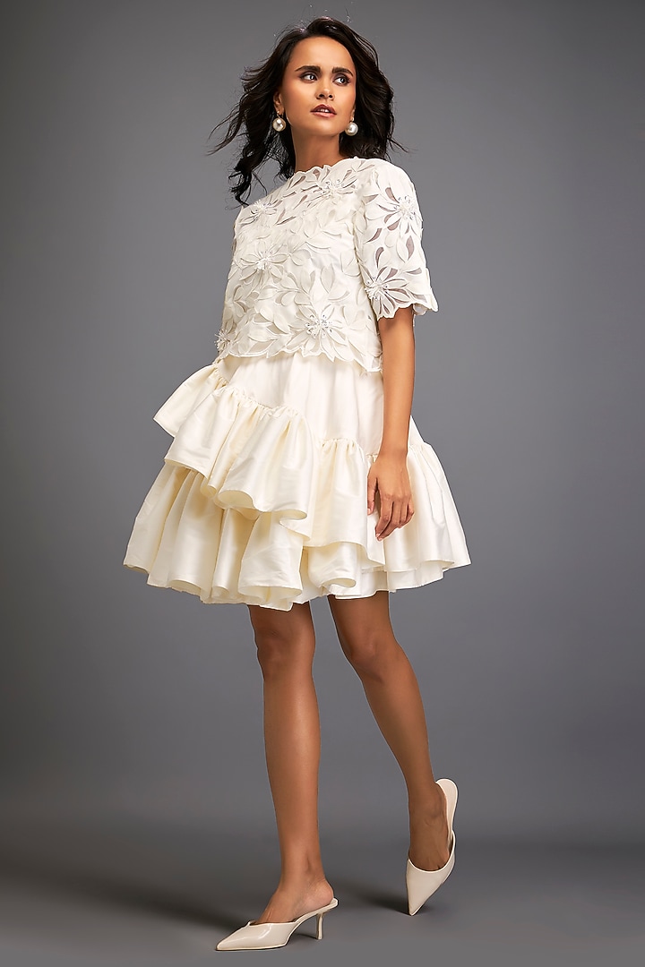 White Taffeta & Vegan Leather Ruffled Skirt Set by Deepika Arora at Pernia's Pop Up Shop