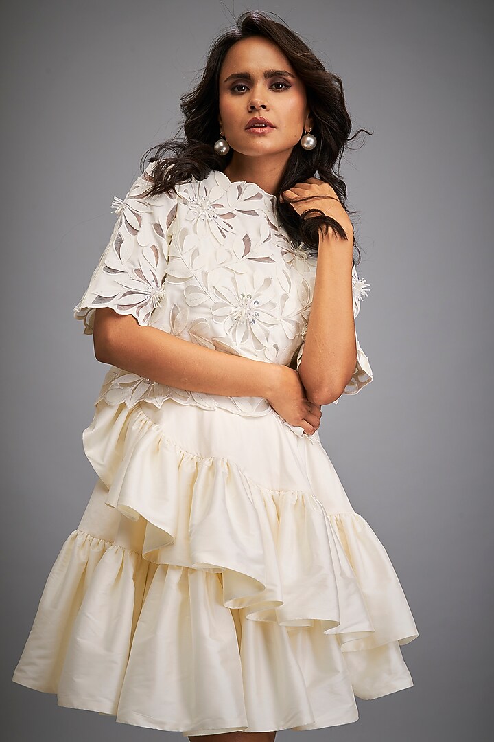 White Taffeta & Vegan Leather Ruffled Skirt Set by Deepika Arora at Pernia's Pop Up Shop