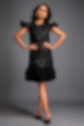 Black Net & Vegan Leather Floral Applique Mini Vacation Dress by Deepika Arora at Pernia's Pop Up Shop