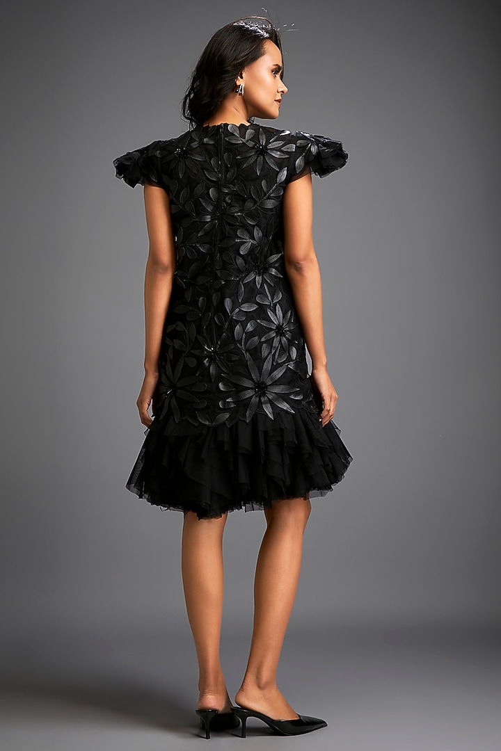 Black Net & Vegan Leather Floral Applique Mini Vacation Dress by Deepika Arora at Pernia's Pop Up Shop