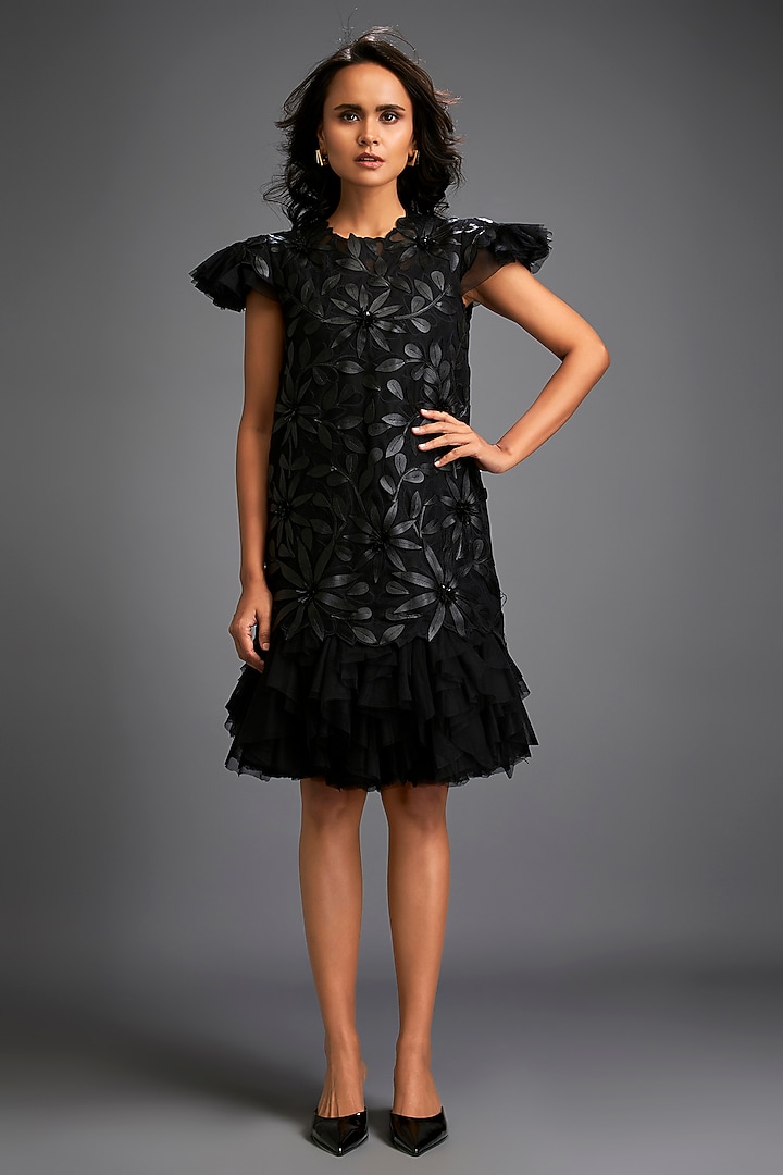 Black Net & Vegan Leather Floral Applique Mini Vacation Dress by Deepika Arora at Pernia's Pop Up Shop