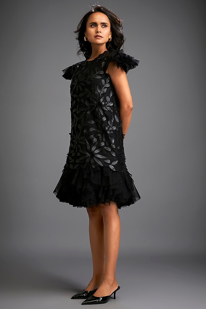 Black Net & Vegan Leather Floral Applique Mini Vacation Dress by Deepika Arora at Pernia's Pop Up Shop