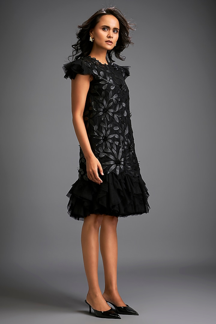 Black Net & Vegan Leather Floral Applique Mini Vacation Dress by Deepika Arora at Pernia's Pop Up Shop