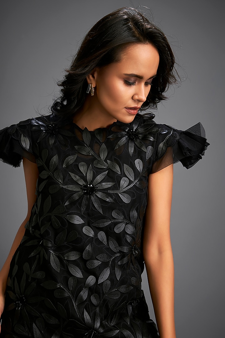 Black Net & Vegan Leather Floral Applique Mini Vacation Dress by Deepika Arora at Pernia's Pop Up Shop