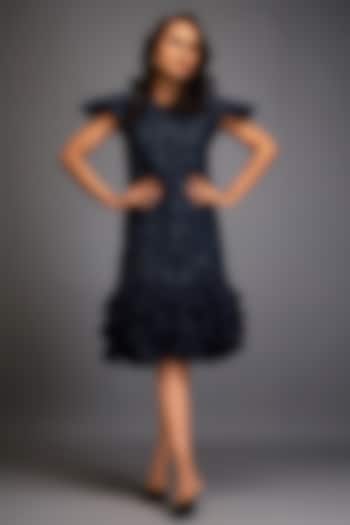 Navy Blue Net & Vegan Leather Floral Applique Mini Vacation Dress by Deepika Arora at Pernia's Pop Up Shop