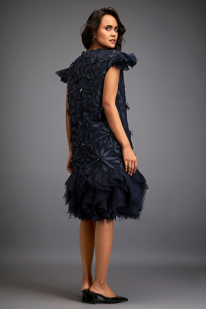 Navy Blue Net & Vegan Leather Floral Applique Mini Vacation Dress by Deepika Arora at Pernia's Pop Up Shop