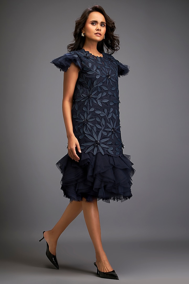 Navy Blue Net & Vegan Leather Floral Applique Mini Vacation Dress by Deepika Arora at Pernia's Pop Up Shop
