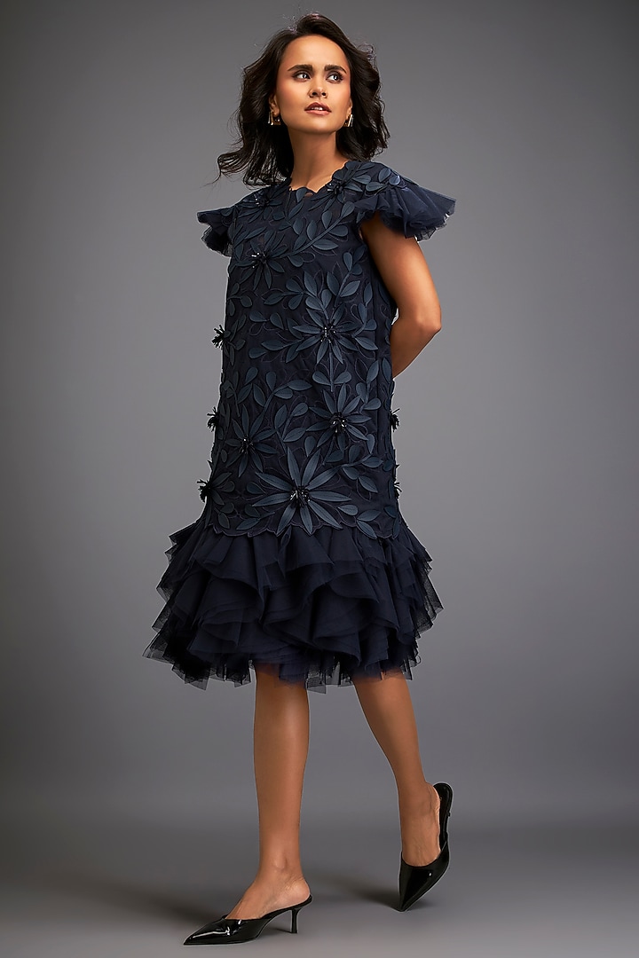 Navy Blue Net & Vegan Leather Floral Applique Mini Vacation Dress by Deepika Arora at Pernia's Pop Up Shop