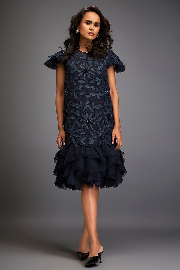 Navy Blue Net & Vegan Leather Floral Applique Mini Vacation Dress by Deepika Arora at Pernia's Pop Up Shop