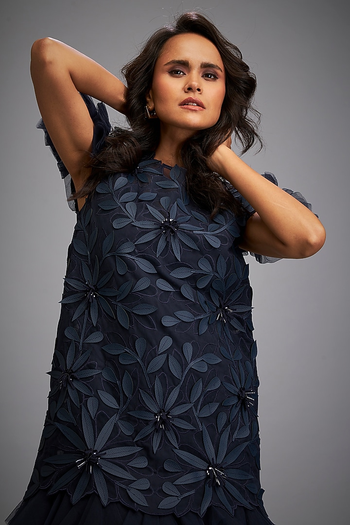 Navy Blue Net & Vegan Leather Floral Applique Mini Vacation Dress by Deepika Arora at Pernia's Pop Up Shop