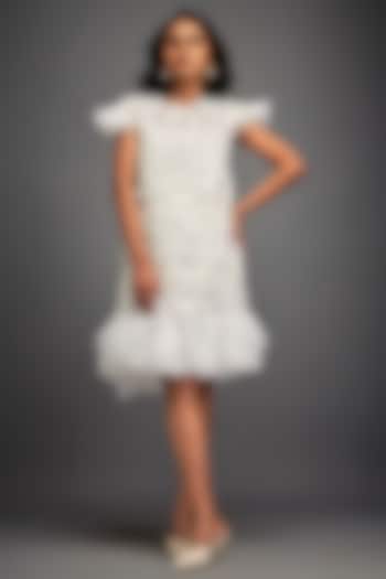 White Net & Vegan Leather Floral Applique Mini Vacation Dress by Deepika Arora at Pernia's Pop Up Shop