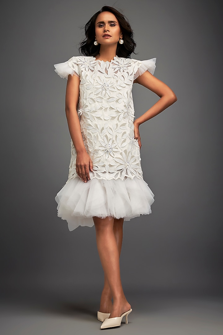White Net & Vegan Leather Floral Applique Mini Vacation Dress by Deepika Arora at Pernia's Pop Up Shop