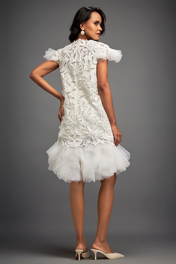 White Net & Vegan Leather Floral Applique Mini Vacation Dress by Deepika Arora at Pernia's Pop Up Shop
