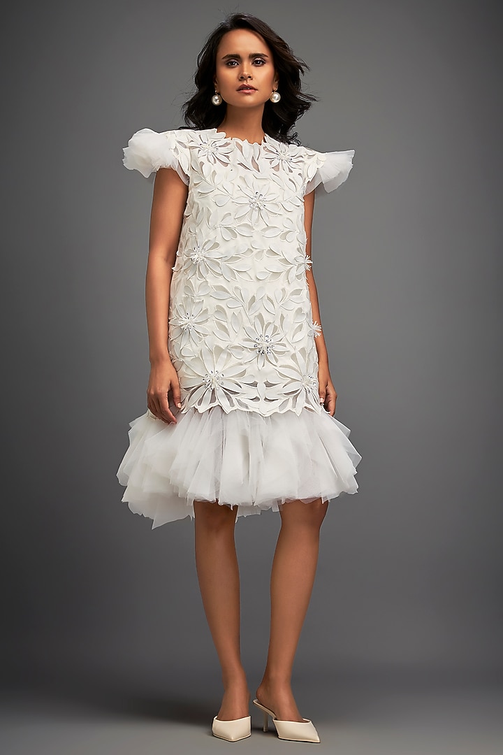White Net & Vegan Leather Floral Applique Mini Vacation Dress by Deepika Arora at Pernia's Pop Up Shop