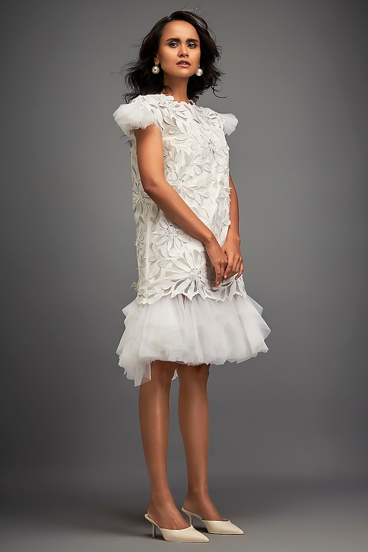 White Net & Vegan Leather Floral Applique Mini Vacation Dress by Deepika Arora at Pernia's Pop Up Shop
