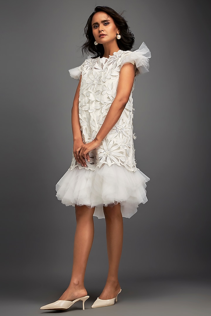 White Net & Vegan Leather Floral Applique Mini Vacation Dress by Deepika Arora at Pernia's Pop Up Shop
