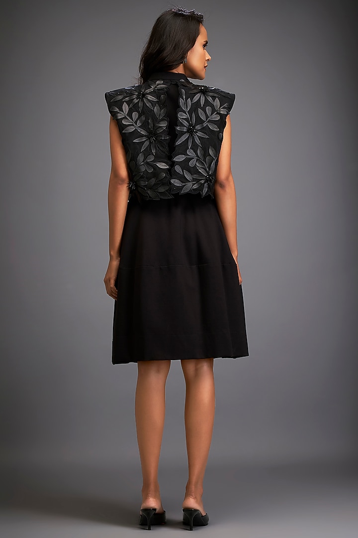 Black Ponte Roma & Net Floral Embroidered Jacket Vacation Dress by Deepika Arora at Pernia's Pop Up Shop