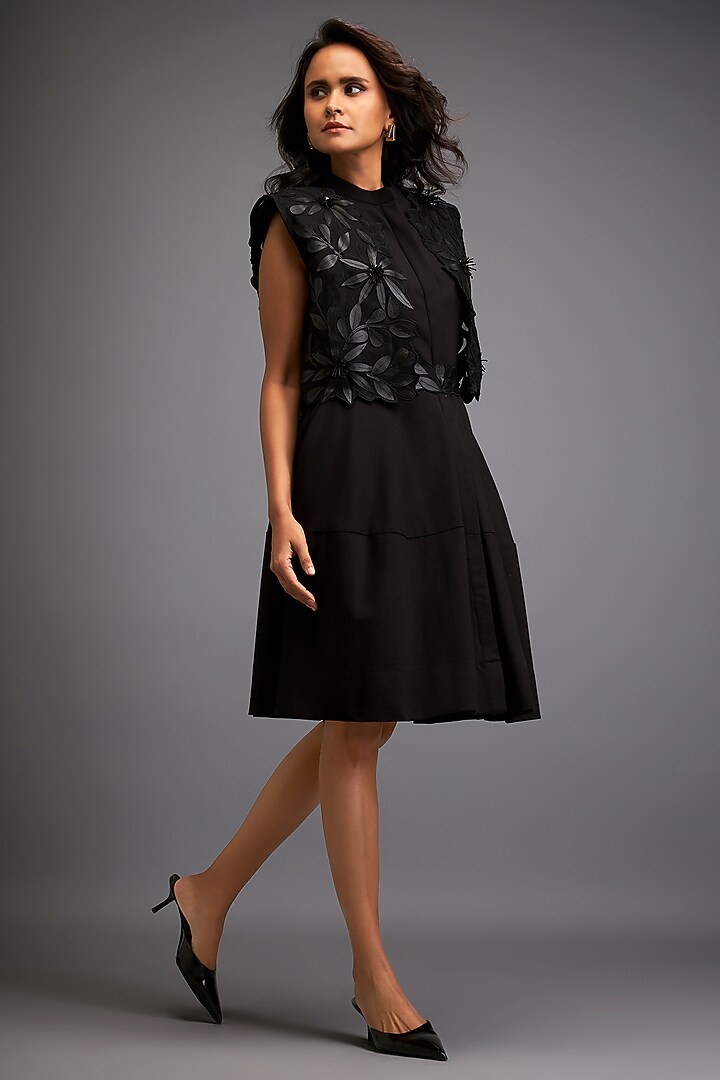 Black Ponte Roma & Net Floral Embroidered Jacket Vacation Dress by Deepika Arora at Pernia's Pop Up Shop