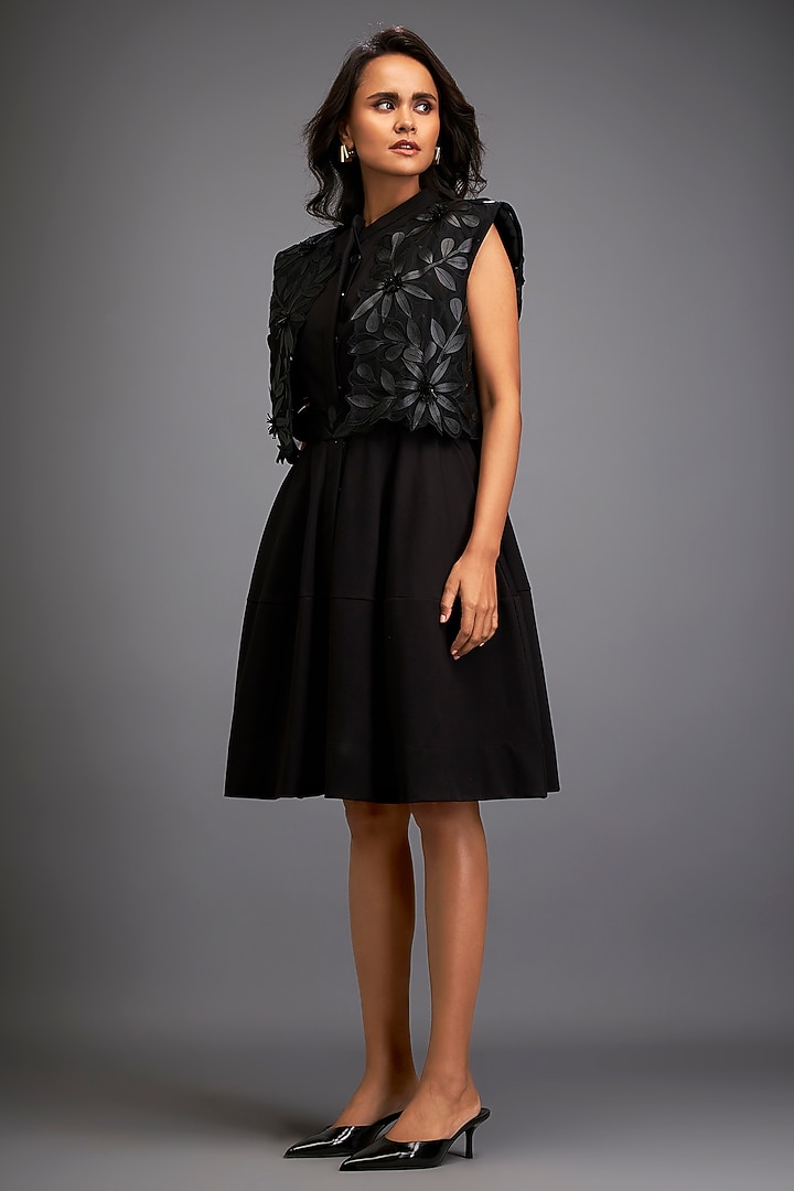 Black Ponte Roma & Net Floral Embroidered Jacket Vacation Dress by Deepika Arora at Pernia's Pop Up Shop