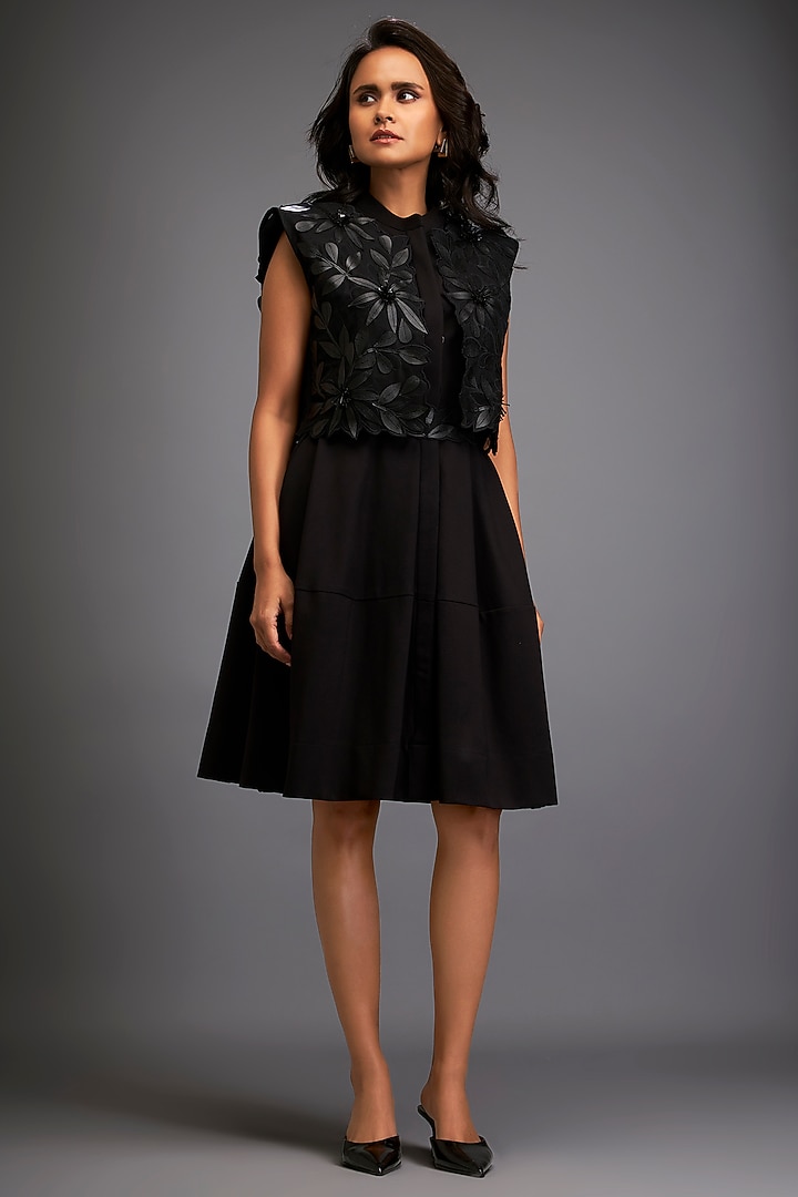Black Ponte Roma & Net Floral Embroidered Jacket Vacation Dress by Deepika Arora at Pernia's Pop Up Shop