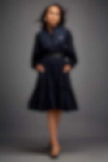 Navy Blue Cotton & Vegan Leather Floral Embroidered Summer Dress by Deepika Arora at Pernia's Pop Up Shop