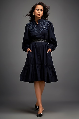 Navy Blue Cotton & Vegan Leather Floral Embroidered Dress by Deepika Arora