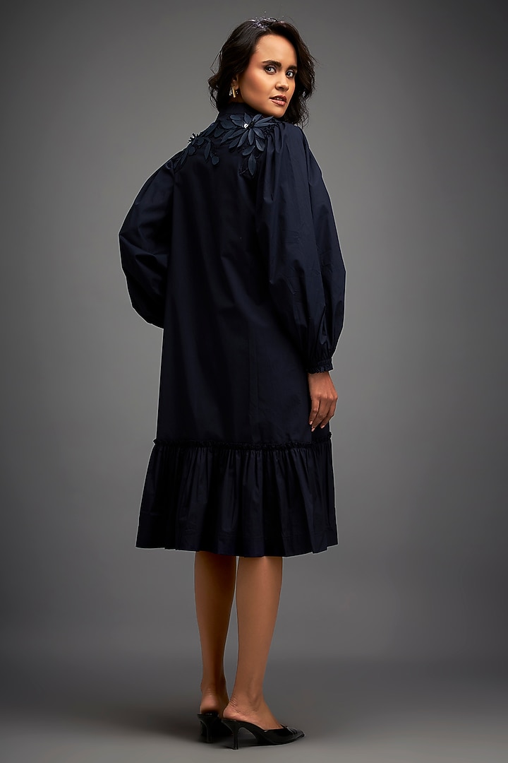 Navy Blue Cotton & Vegan Leather Floral Embroidered Summer Dress by Deepika Arora at Pernia's Pop Up Shop