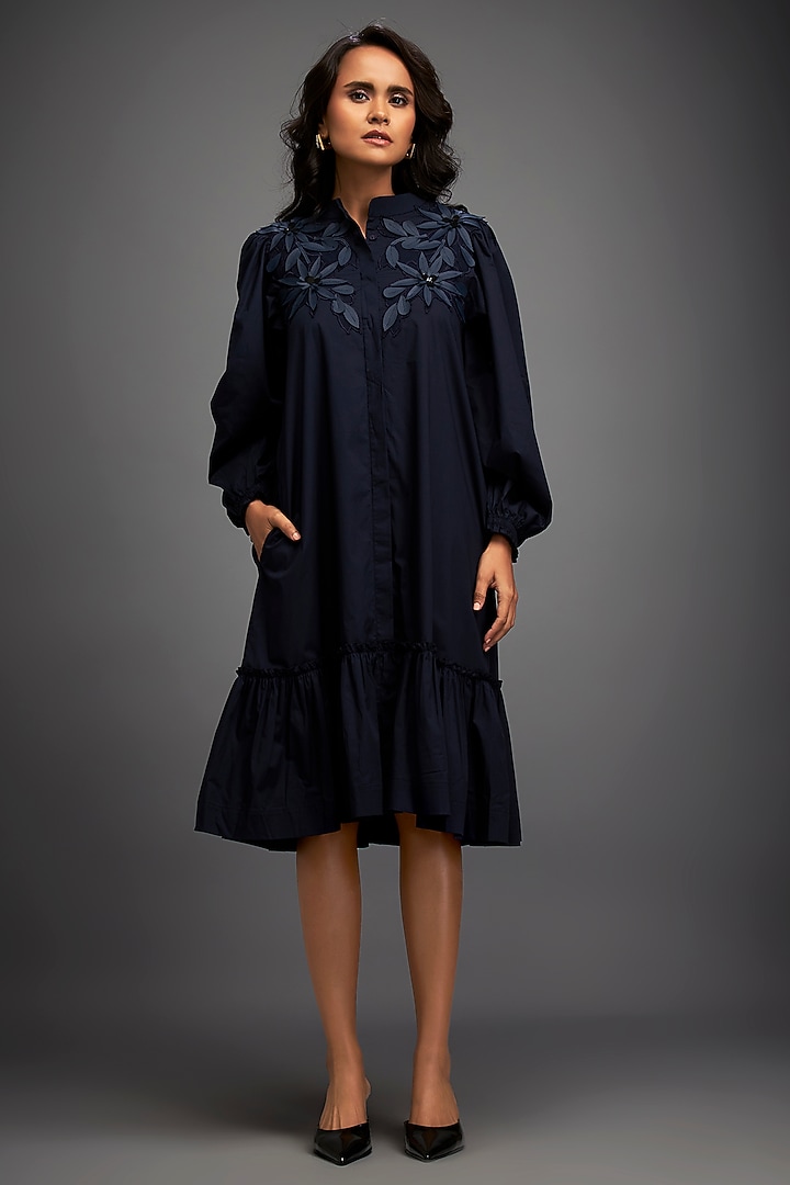 Navy Blue Cotton & Vegan Leather Floral Embroidered Summer Dress by Deepika Arora at Pernia's Pop Up Shop