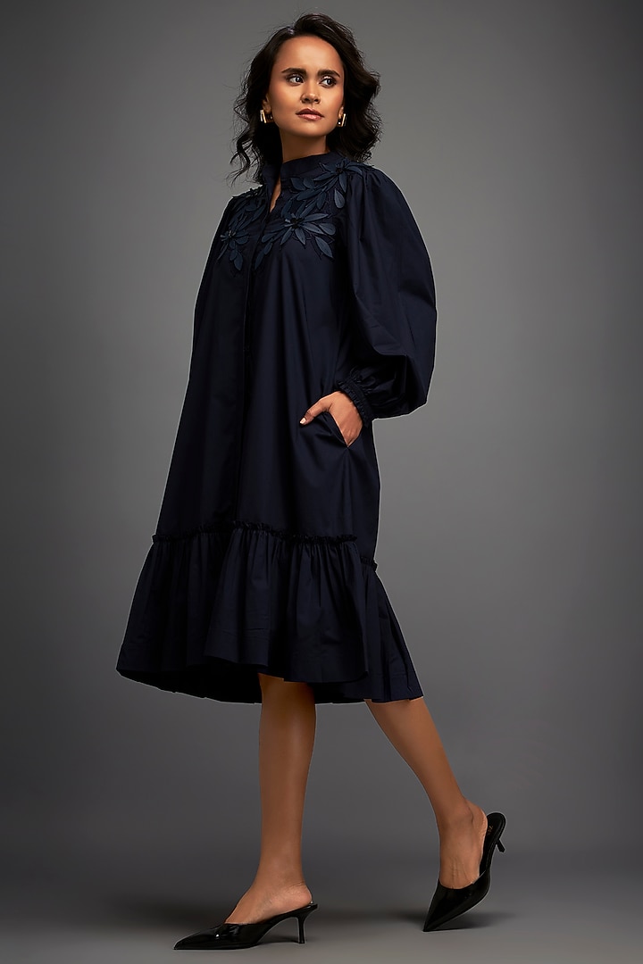 Navy Blue Cotton & Vegan Leather Floral Embroidered Summer Dress by Deepika Arora at Pernia's Pop Up Shop