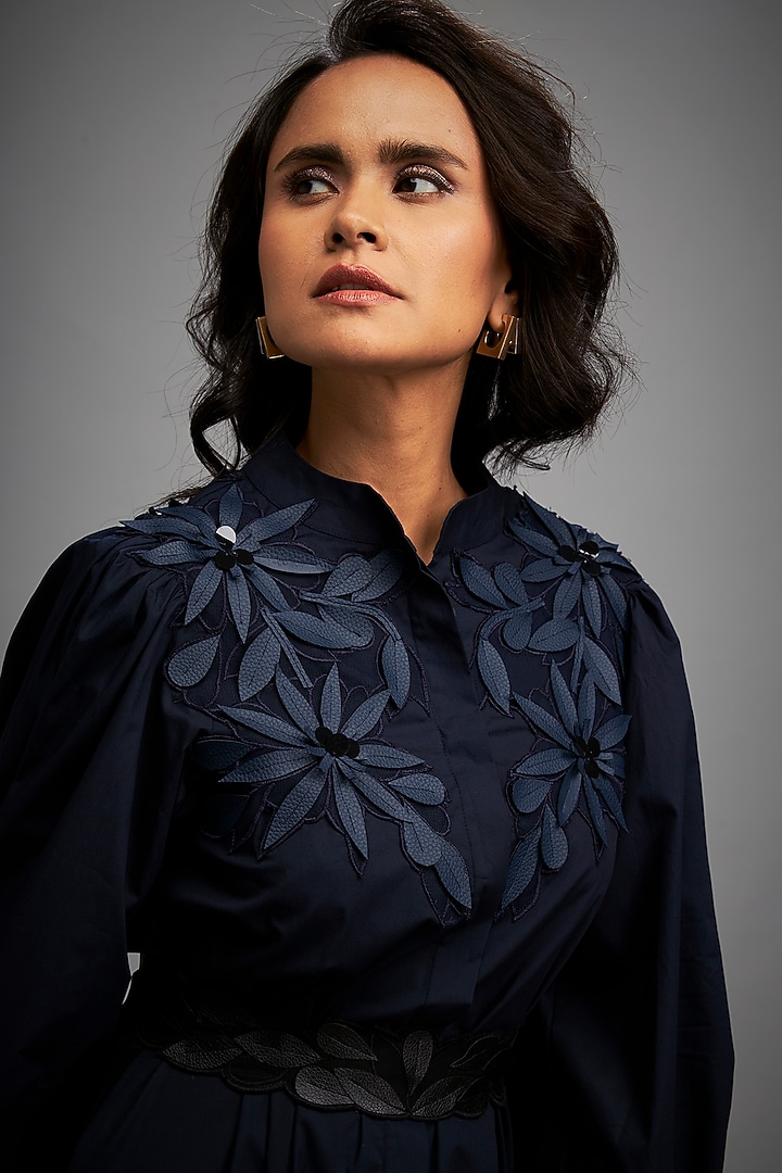 Navy Blue Cotton & Vegan Leather Floral Embroidered Summer Dress by Deepika Arora at Pernia's Pop Up Shop