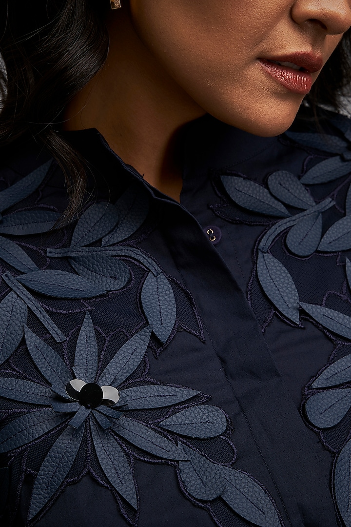 Navy Blue Cotton & Vegan Leather Floral Embroidered Summer Dress by Deepika Arora at Pernia's Pop Up Shop