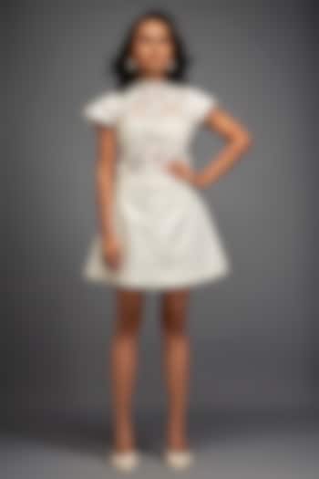 Ivory Net & Vegan Leather Floral Applique Summer Dress by Deepika Arora at Pernia's Pop Up Shop