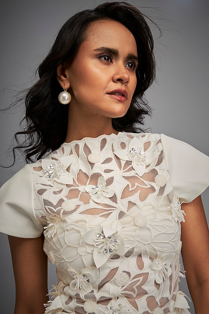Ivory Net & Vegan Leather Floral Applique Summer Dress by Deepika Arora at Pernia's Pop Up Shop