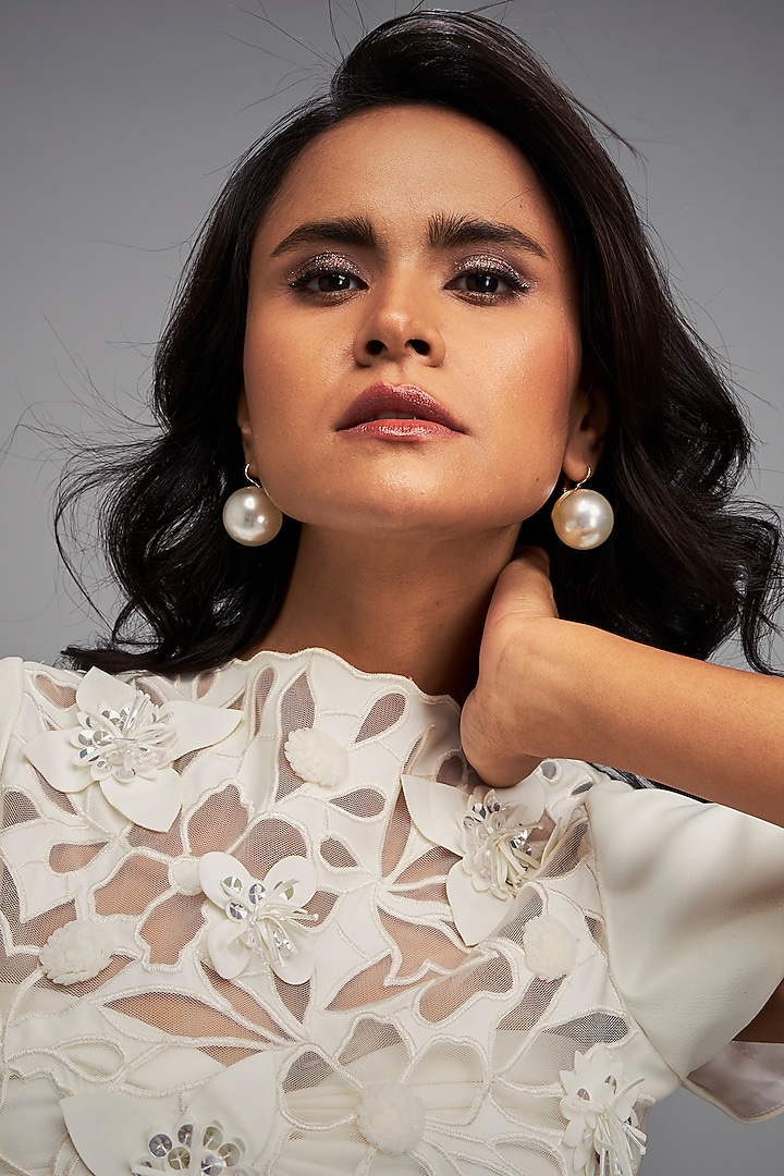 Ivory Net & Vegan Leather Floral Applique Summer Dress by Deepika Arora at Pernia's Pop Up Shop