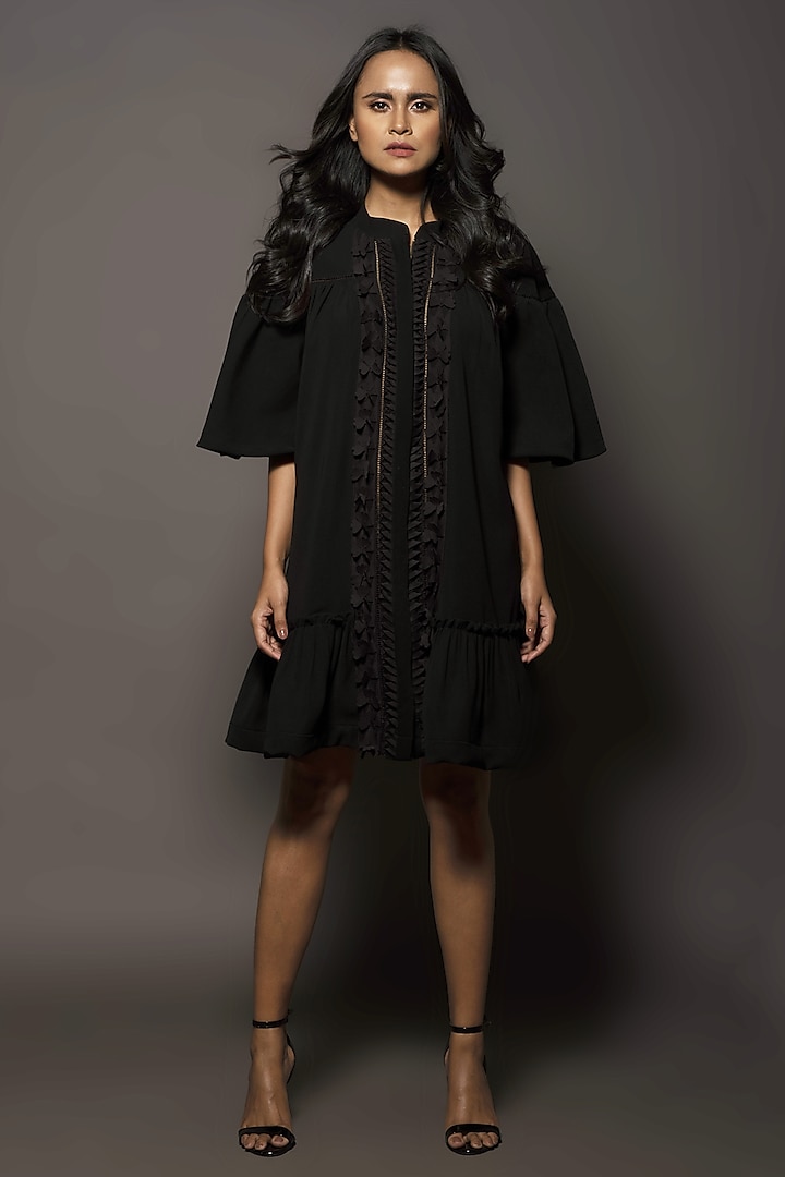 Black Embroidered Crepe Dress by Deepika Arora