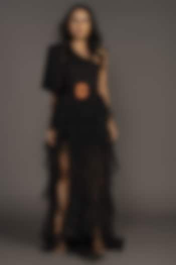 Black Net One Shoulder Ruffled Dress by Deepika Arora