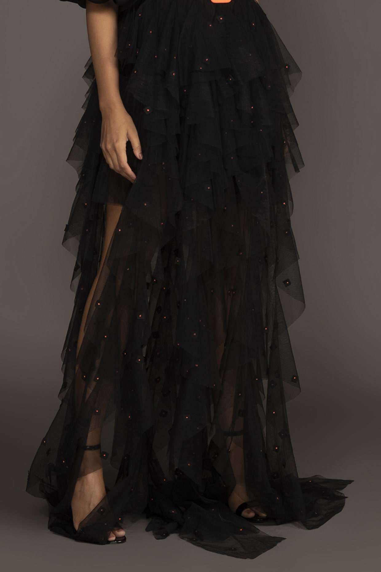 Black Net One Shoulder Ruffled Dress Design by Deepika Arora at