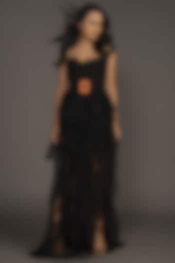 Black Net & Roma Ruffled Dress by Deepika Arora