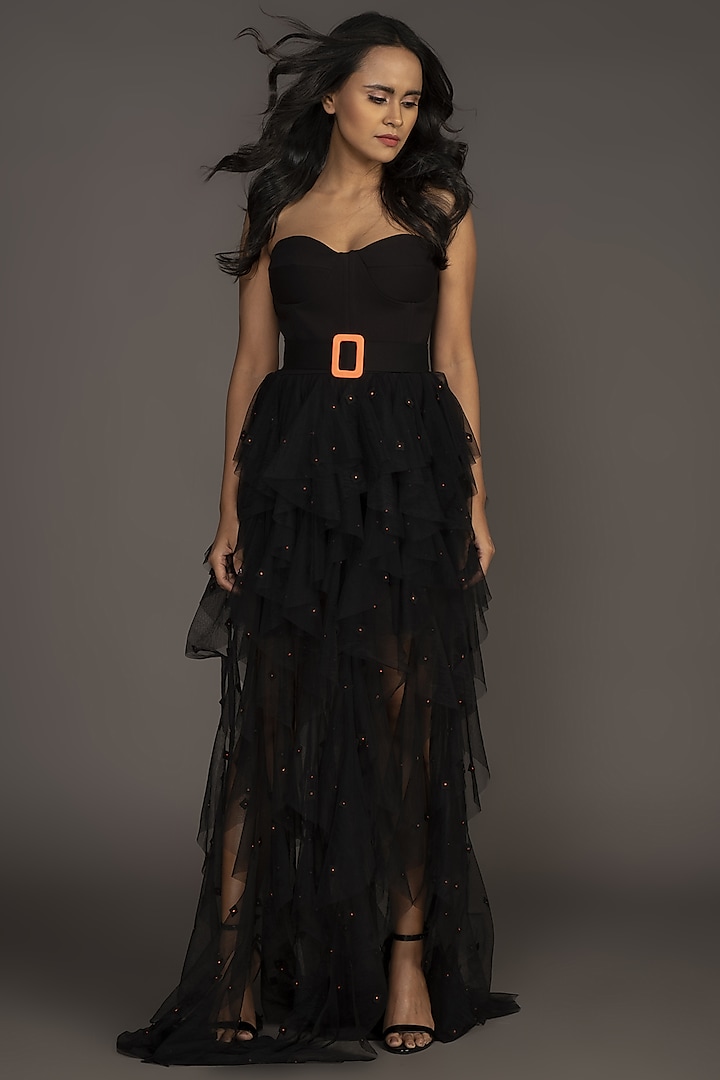 Black Net & Roma Ruffled Dress by Deepika Arora