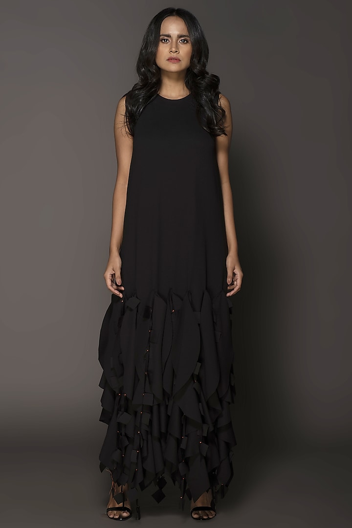 Black Ruffled Shift Dress by Deepika Arora