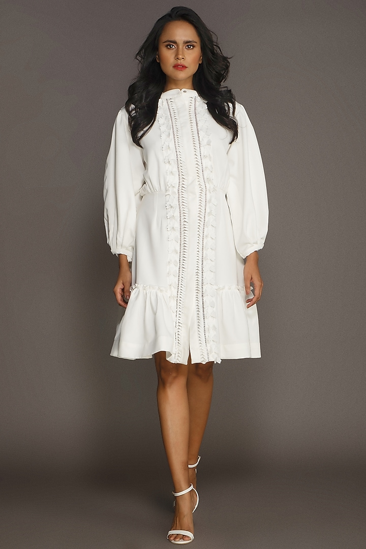 White Crepe A-Line Dress by Deepika Arora