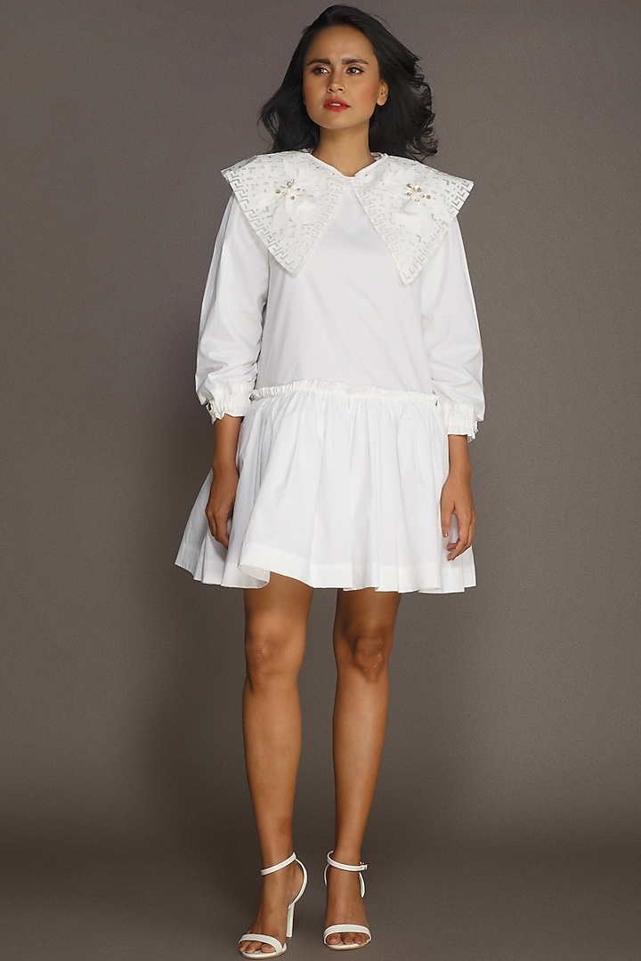 White Cotton Frilled Dress by Deepika Arora