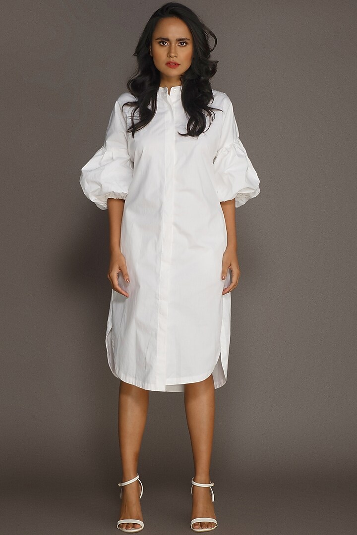 White Embroidered Shirt Dress by Deepika Arora