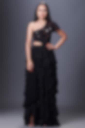 Black Ponte Roma One-Shoulder Ruffled Dress by Deepika Arora