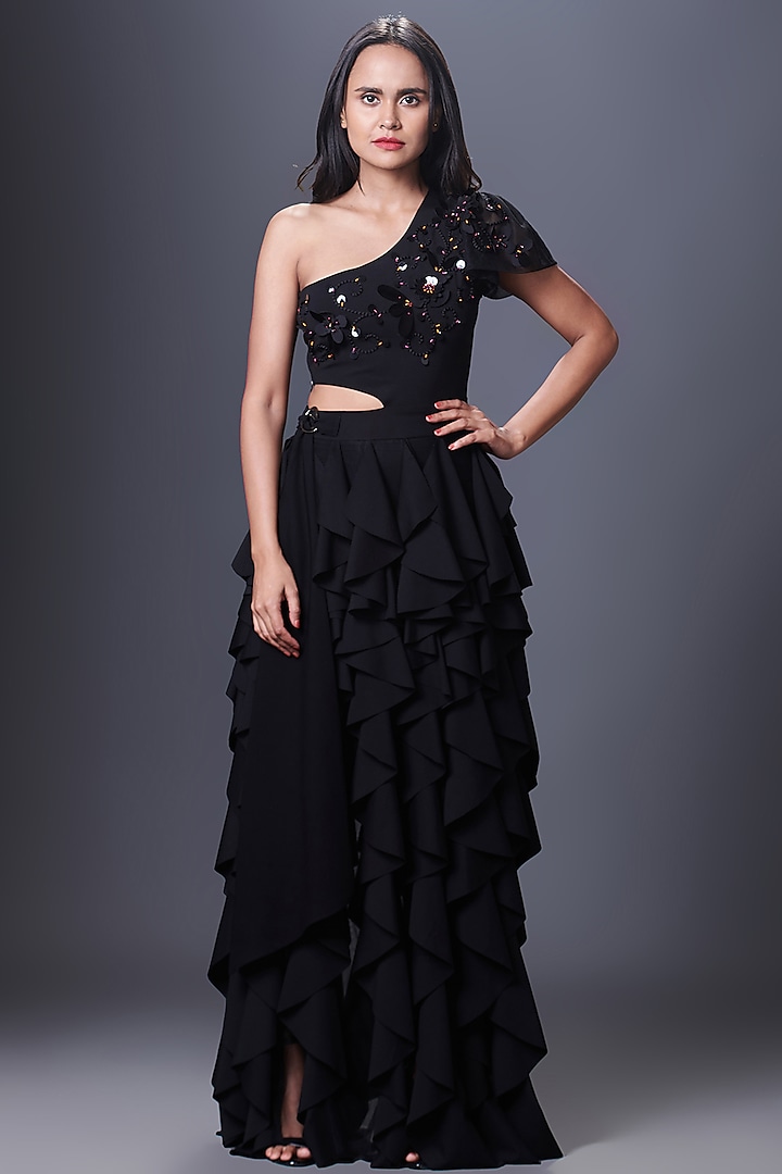 Black Ponte Roma One-Shoulder Ruffled Dress by Deepika Arora