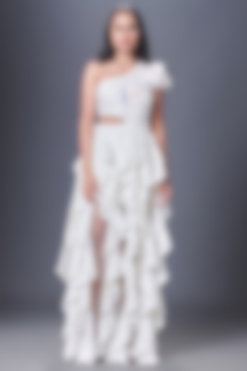 White Ponte Roma One-Shoulder Ruffled Dress by Deepika Arora