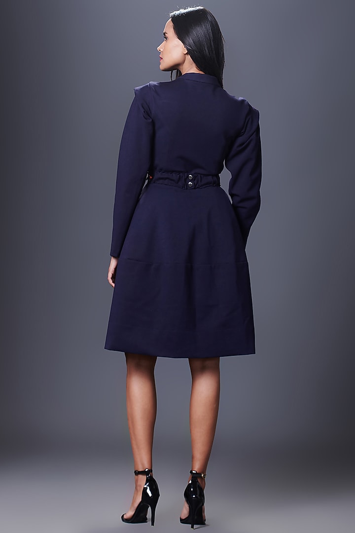 Navy Blue Ponte Roma Jacket Summer Dress With Belt by Deepika Arora at Pernia's Pop Up Shop