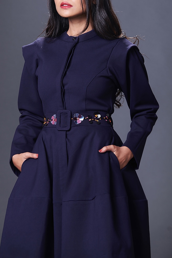 Navy Blue Ponte Roma Jacket Summer Dress With Belt by Deepika Arora at Pernia's Pop Up Shop